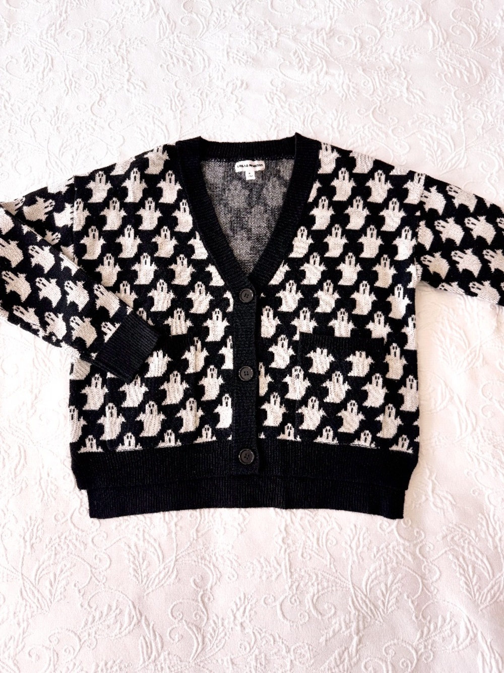 nwot black ghost cardigan sweater S spooky halloween